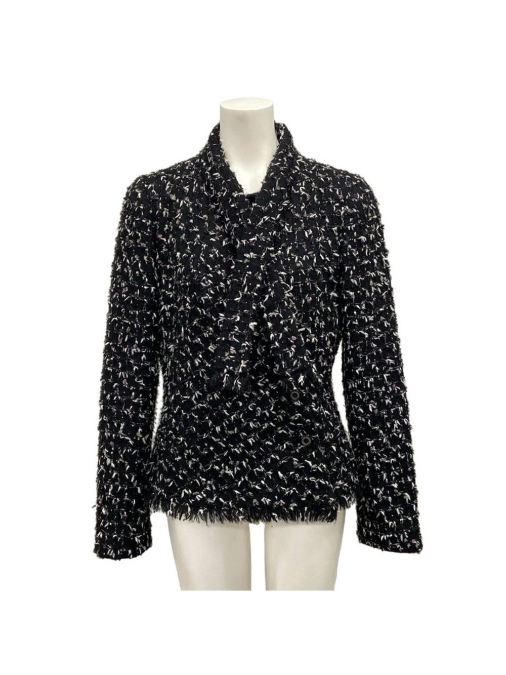 Chanel Jacket 38 M Black White Pink Long Sleeve Tweed Winter Autumn Cotton